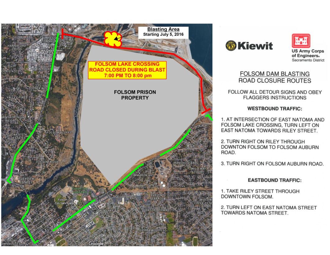 Folsom blasting operations road closure and detour map for July 5-15, 2016.