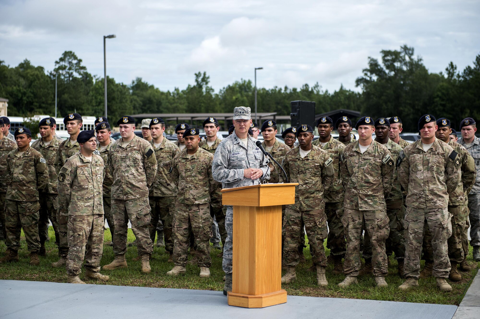 U.S. Air Force Maj. Gen. Anthony German, New York Air National Guard commander, gives remarks during a memorial ceremony, June 30, 2016, at Moody Air Force Base, Ga. German mentioned that he was honored to be in the company of the best defenders in the world and asked that people in attendance keep the families of those who have fallen in their thoughts and prayers.  (U.S. Air Force photo by Airman 1st Class Janiqua P. Robinson/Released)