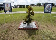 A tree planted in honor of two fallen Airmen is displayed  during a memorial service, June 30, 2016, at Moody Air Force Base, Ga. In honor of U.S. Air Force Tech. Sgt. Joseph G. Lemm, left, and Staff Sgt. Louis M. Bonacasa, a Magnolia Tree was planted along with a memorial engraved with their legacies. (U.S. Air Force photo by Airman 1st Class Janiqua P. Robinson/Released)