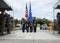 U.S. Air Force Airmen from Moody’s Base Honor Guard present the colors during a memorial service, June 30, 2016, at Moody Air Force Base, Ga. During the ceremony, a monument was unveiled in memory of Tech. Sgt. Joseph G. Lemm and Staff Sgt. Louis M. Bonacasa, who were killed when a suicide bomber attacked a patrol convoy, Dec. 21, 2015 near Bagram Airfield, Afghanistan. (U.S. Air Force photo by Airman 1st Class Janiqua P. Robinson/Released)