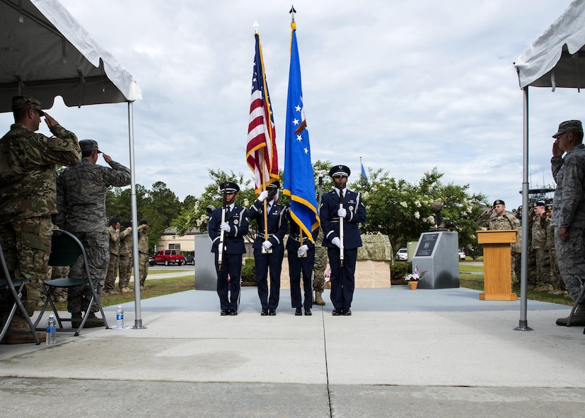 U.S. Air Force Airmen from Moody’s Base Honor Guard present the colors during a memorial service, June 30, 2016, at Moody Air Force Base, Ga. During the ceremony, a monument was unveiled in memory of Tech. Sgt. Joseph G. Lemm and Staff Sgt. Louis M. Bonacasa, who were killed when a suicide bomber attacked a patrol convoy, Dec. 21, 2015 near Bagram Airfield, Afghanistan. (U.S. Air Force photo by Airman 1st Class Janiqua P. Robinson/Released)
