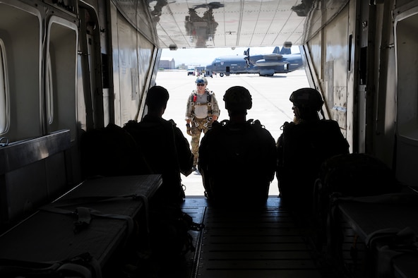 U.S. Airmen Prepare to board a C-23 Sherpa during the Military Freefall Jumpmaster Course at Davis-Monthan Air Force Base, Ariz., June 28, 2016. The course will graduate 12 Airmen at the end of its fifth 3-week-long rotation; reaching a total number of 58 certified jumpmasters. (U.S. Air Force photo by Airman Nathan H. Barbour/Released)