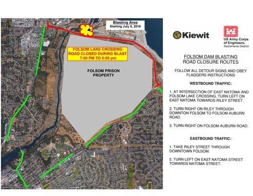 Folsom blasting operations road closure and detour map for July 5-15, 2016.