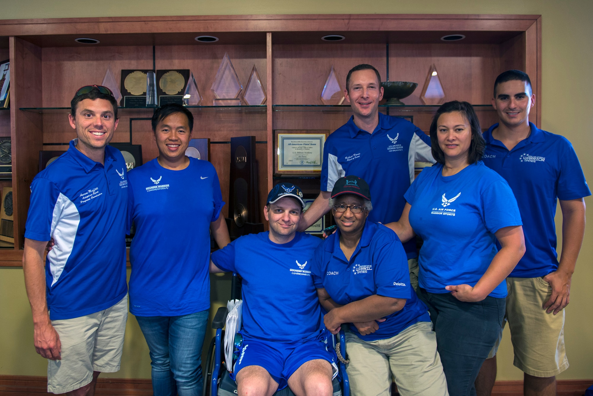Team Air Force’s shooting team’s coaching staff and athletes pose for a photo during the 2016 Department of Defense Warrior Games shooting competition, June 19, 2016, at the United States Military Academy in West Point, N.Y. During the event, the team won the overall team shooting competition and six athletes were awarded medals, setting an Air Force record. (U.S. Air Force photo by Airman 1st Class Greg Nash/Released)
