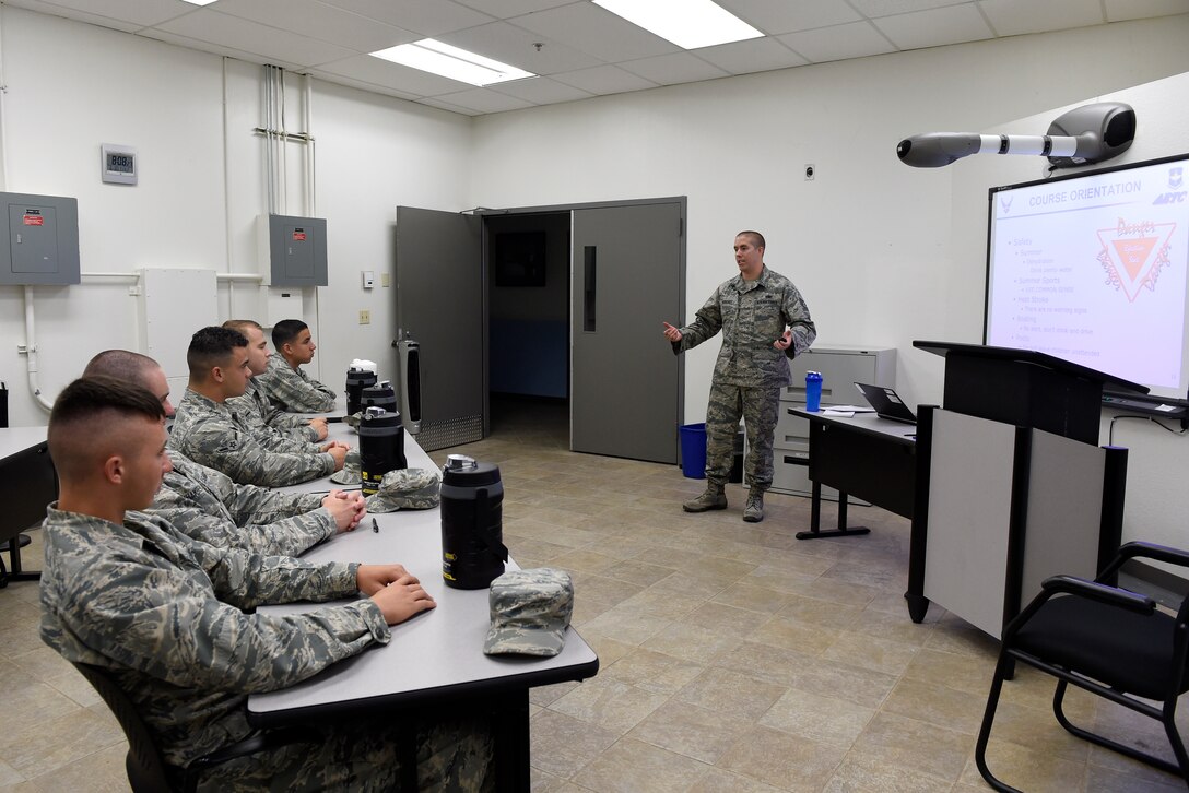 Staff Sgt. Arthur Verchot, 372nd Training Squadron, Detachment 12, F-35 Mission-Ready Airmen class instructor, goes over the course orientation June 30, 2016 at Luke Air Force Base, Ariz. This is the first F-35 MRA class held at Luke.  (U.S. Air Force photo by Staff Sgt. Staci Miller)

