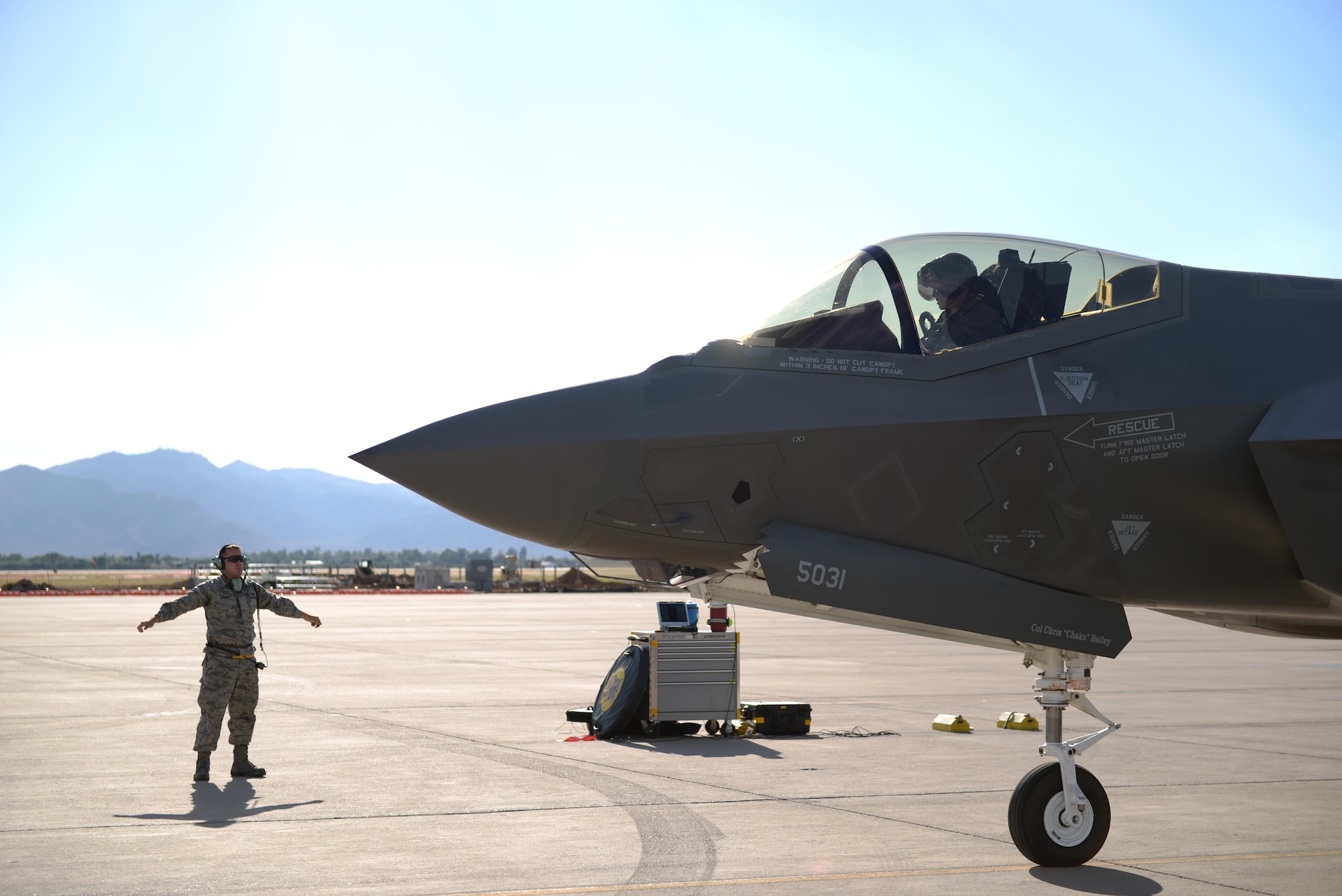 Col. Chris Bailey, 56th Operations Group commander, parks after his final flight in an F-35 Lightning II June 30, 2016. He concludes his two-year tenure having overseen the evolution of the mission of his group from the F-16 to the F-35. (U.S. Air Force photo by Airman 1st Class Ridge Shan)