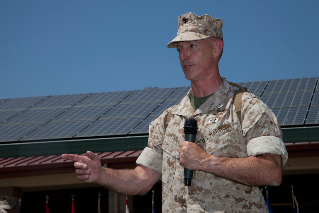 U.S. Marine Corps Lt. Col. Brian Dwyer, outgoing commanding officer, Wounded Warrior Battalion-West, addresses the audience during a Change of Command Ceremony at Camp Pendleton, Calif., June 30, 2016.  A Change of Command is a military tradition that represents a formal transfer of authority and responsibility for a unit from one Commanding Officer to another. (U.S. Marine Corps photo by Lance Cpl. Brandon Martinez, MCIWEST-MCB CamPen Combat Camera/Released)
