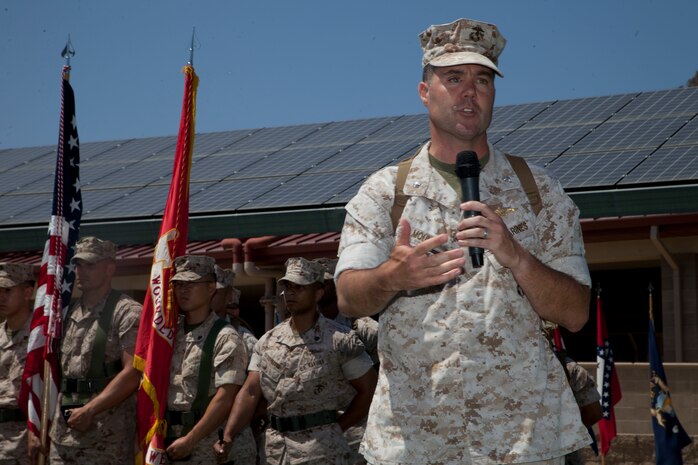 U.S. Marine Corps Lt. Col. Stephen Mount, commanding officer, Wounded Warrior Battalion-West, addresses the audience during a Change of Command Ceremony at Camp Pendleton, Calif., June 30, 2016.  A Change of Command is a military tradition that represents a formal transfer of authority and responsibility for a unit from one Commanding Officer to another. (U.S. Marine Corps photo by Lance Cpl. Brandon Martinez, MCIWEST-MCB CamPen Combat Camera/Released)