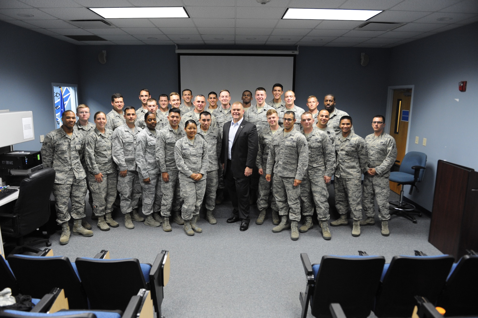 Retired Chief Master Sgt. of the Air Force James Roy, who served as the 16th Chief Master Sergeant of the Air Force, spoke to local Airman Leadership School students June 27, 2016 prior to their graduation June 28. (U.S. Air Force photo by Tommie Horton)
