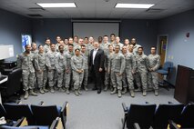 Retired Chief Master Sgt. of the Air Force James Roy, who served as the 16th Chief Master Sergeant of the Air Force, spoke to local Airman Leadership School students June 27, 2016 prior to their graduation June 28. (U.S. Air Force photo by Tommie Horton)
