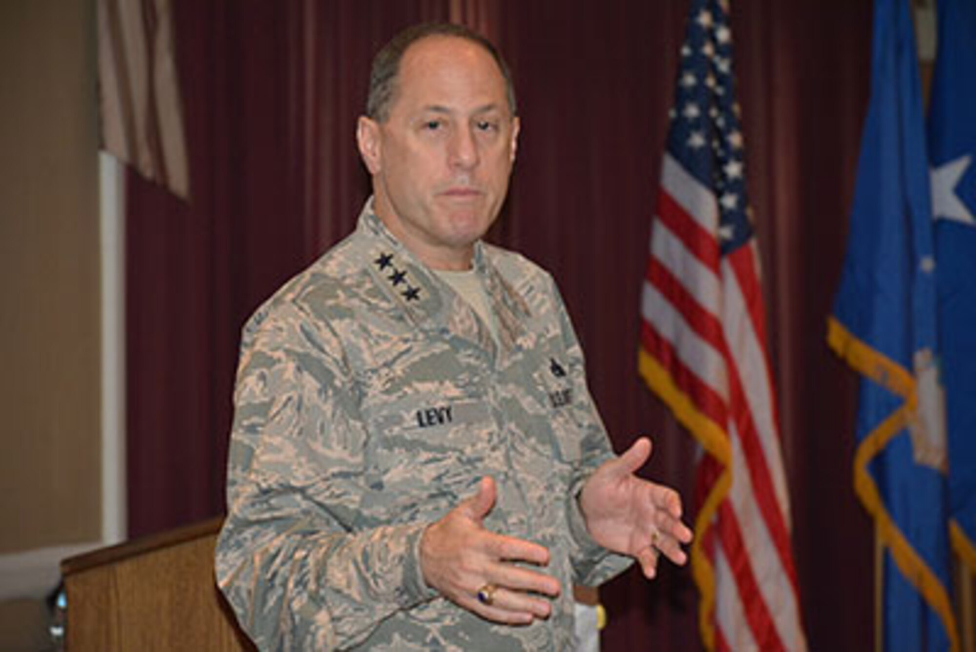 Lt. Gen. Lee K. Levy II, commander of the Air Force Sustainment Center, addresses audience members June 23 at the Air Force Association Gerrity Chapter awards breakfast at the Tinker Club. The lieutenant general said the United States must “scratch and claw every day” to keep the Air Force’s aerospace edge. (Air Force photo by Darren D. Heusel/Released)
