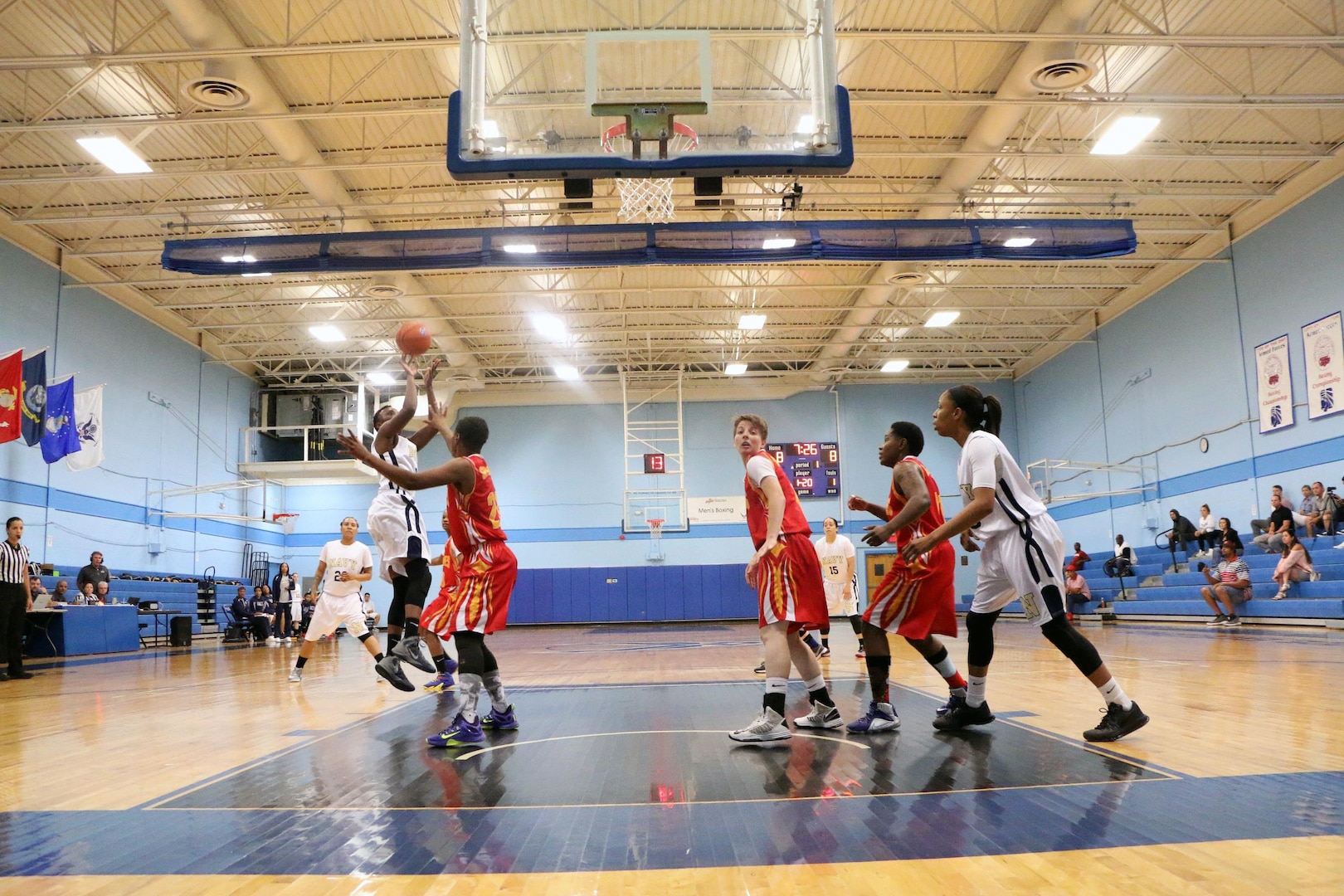 Coast Guard's Shaniqua Bennet of USCGC Eagle hits the jumper against Marine Corps in Game Five of the 2016 Armed Forces Women's Basketball Championship at Joint Base San Antonio-Lackland AFB, Texas on 3 July. Navy would defeat the Marine Corps 88-64.  