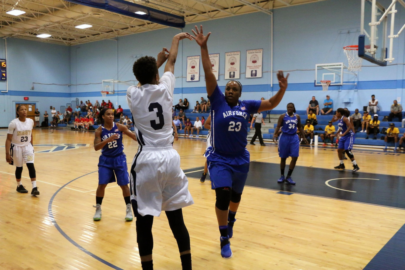 Coast Guard Seaman Shaniqua Bennet (#5) of USCGC Eagle hits the jumper against Air Force during game three of the 2016 Armed Forces Women's Basketball Championship at Joint Base San Antonio-Lackland AFB, Texas on 1 July. Air Force would win 64-61 in exciting action 