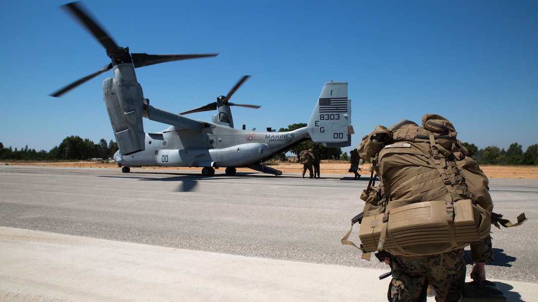 U.S. Marines with Special Purpose Marine Air-Ground Task Force-Crisis Response-Africa board an MV-22 Osprey to kick off Exercise Orion 16 at military training area Tancos, Portugal, June 22, 2016. Exercise Orion is an annual crisis response operation hosted by the Portuguese military, bringing together forces from Portugal, Spain and the U.S. to enhance interoperability among NATO forces. 