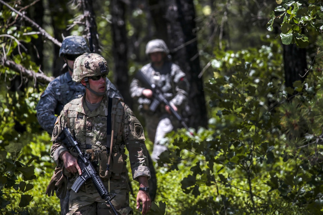Soldiers patrol the woods as they head to their follow-on objective during Exercise Gridiron at Joint Base McGuire-Dix-Lakehurst, N.J., June 27, 2016. Air National Guard photo by Tech. Sgt. Matt Hecht