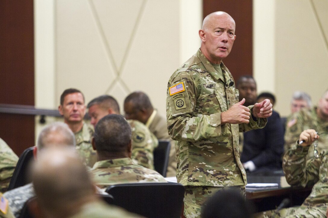 LTG Charles D. Luckey, the 33rd Chief of Army Reserve and 8th Commanding General U.S. Army Reserve Command, talks with Soldiers and civilians assigned to USARC headquarters at Marshall Hall located on Fort Bragg, N.C., on July 5, 2016. Luckey was sworn in June 30, 2016 as the senior leader for nearly 200,000 Army Reserve Soldiers across all 50 states and U.S. territories. Luckey spent the day visiting with USARC staff during two town hall-style meetings and a walkthrough of the USARC headquarters building. (Army Photo by Master Sgt. Mark Bell / Released)