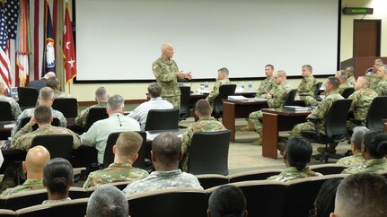 Lt. Gen. Charles D. Luckey, the 33rd Chief of Army Reserve and 8th Commanding General U.S. Army Reserve Command, talks with Soldiers and civilians assigned to USARC headquarters at Marshall Hall located on Fort Bragg, N.C., on July 5, 2016. Luckey was sworn in June 30, 2016 as the senior leader for nearly 200,000 Army Reserve Soldiers across all 50 states and U.S. territories. Luckey spent the day visiting with USARC staff during two town hall-style meetings and a walkthrough of the USARC headquarters building. (Army Photo by Lt. Col. Kristian Sorensen / Released)