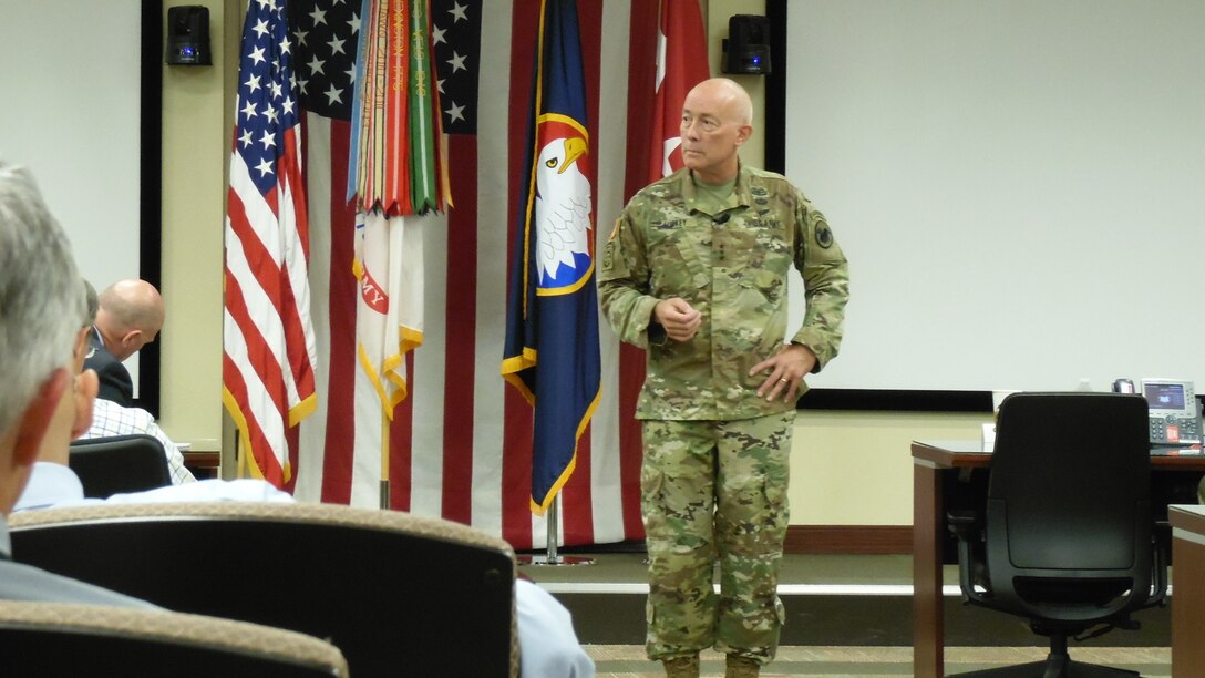 Lt. Gen. Charles D. Luckey, the 33rd Chief of Army Reserve and 8th Commanding General U.S. Army Reserve Command, talks with Soldiers and civilians assigned to USARC headquarters at Marshall Hall located on Fort Bragg, N.C., on July 5, 2016. Luckey was sworn in June 30, 2016 as the senior leader for nearly 200,000 Army Reserve Soldiers across all 50 states and U.S. territories. Luckey spent the day visiting with USARC staff during two town hall-style meetings and a walkthrough of the USARC headquarters building. (Army Photo by Lt. Col. Kristian Sorensen / Released)