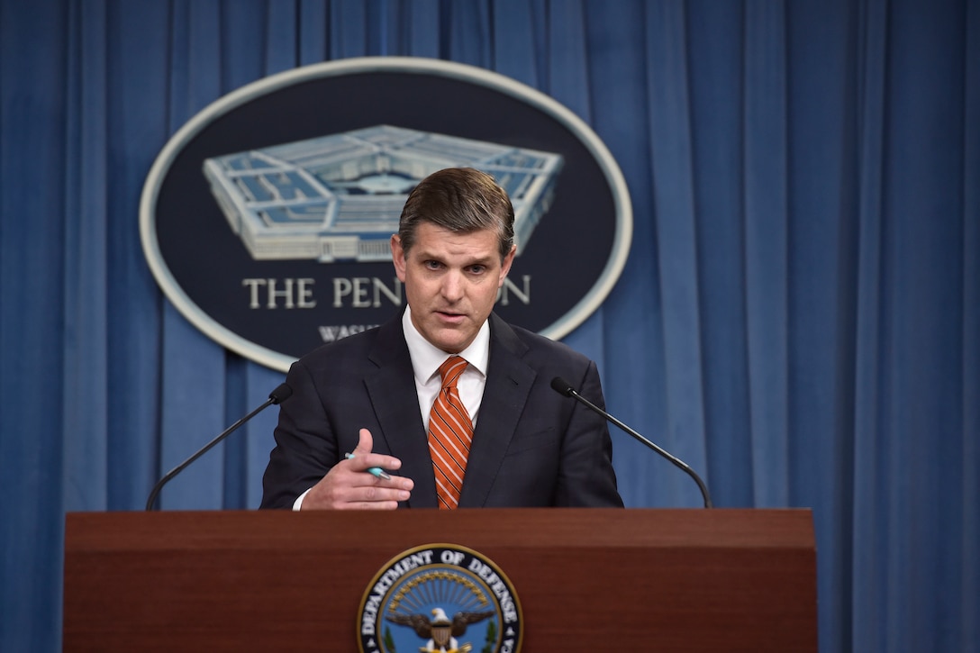 Press Secretary Peter Cook conducts a news conference with reporters at the Pentagon. DoD photo by Air Force Senior Master Sgt. Adrian Cadiz