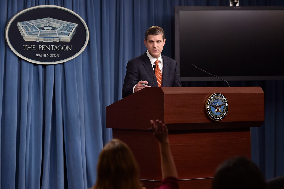 Press Secretary Peter Cook conducts a news conference with reporters at the Pentagon, July 5, 2016. DoD photo by Air Force Senior Master Sgt. Adrian Cadiz