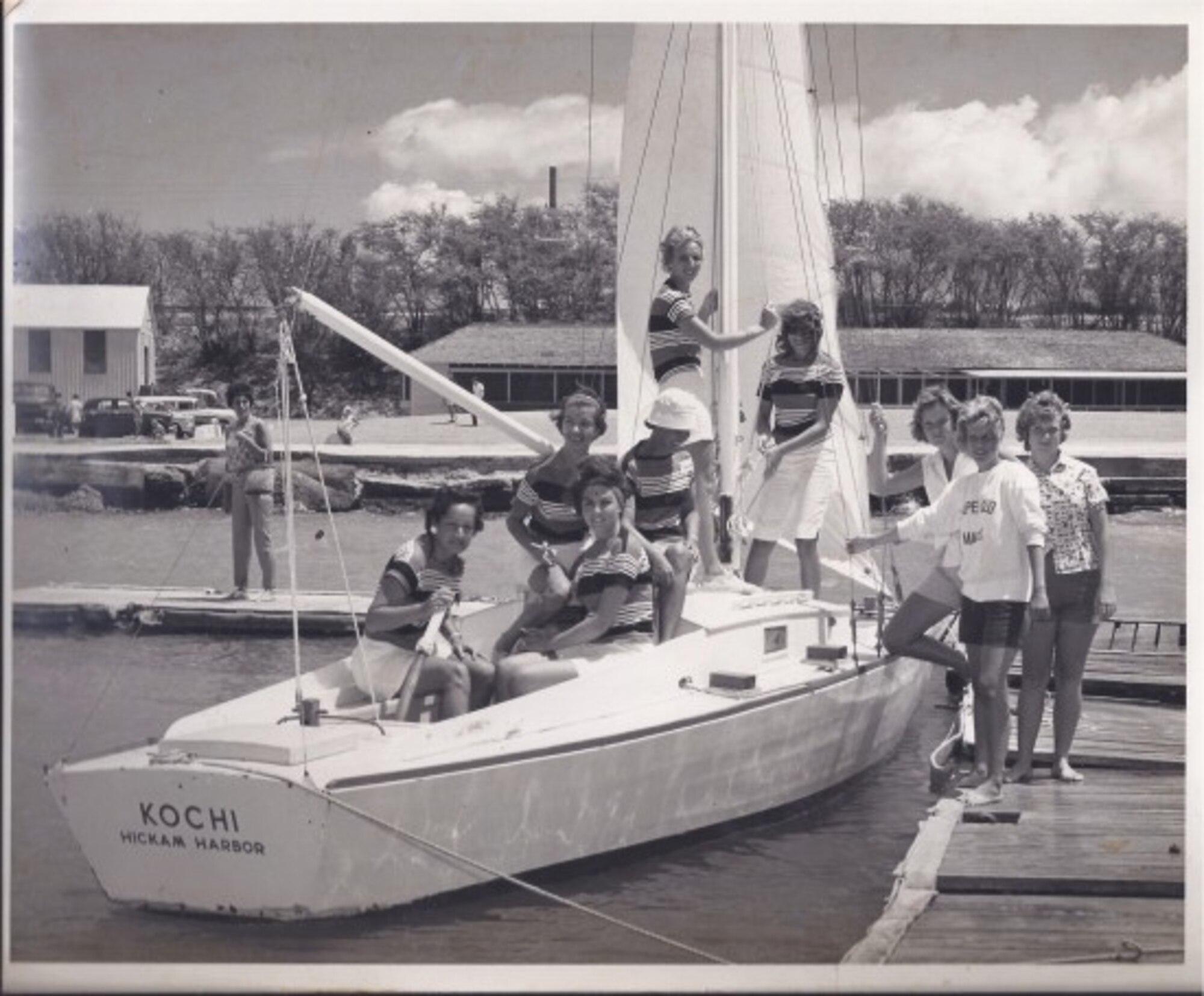 The Wet Hens pose with “The Kochi” following a refit of the vessel, circa 1962, at Hickam Harbor. In 1961, the group was founded by a group of Air Force wives that learned to sail from then harbormaster, Lou Foster. Early in their training, he referred to his students as a bunch of "wet hens," and the name stuck. After learning to sail, the women wanted to share their newfound skills with other women. So those first "Wet Hens" started a tradition that has lasted 55 years. (Courtesy Photo)
