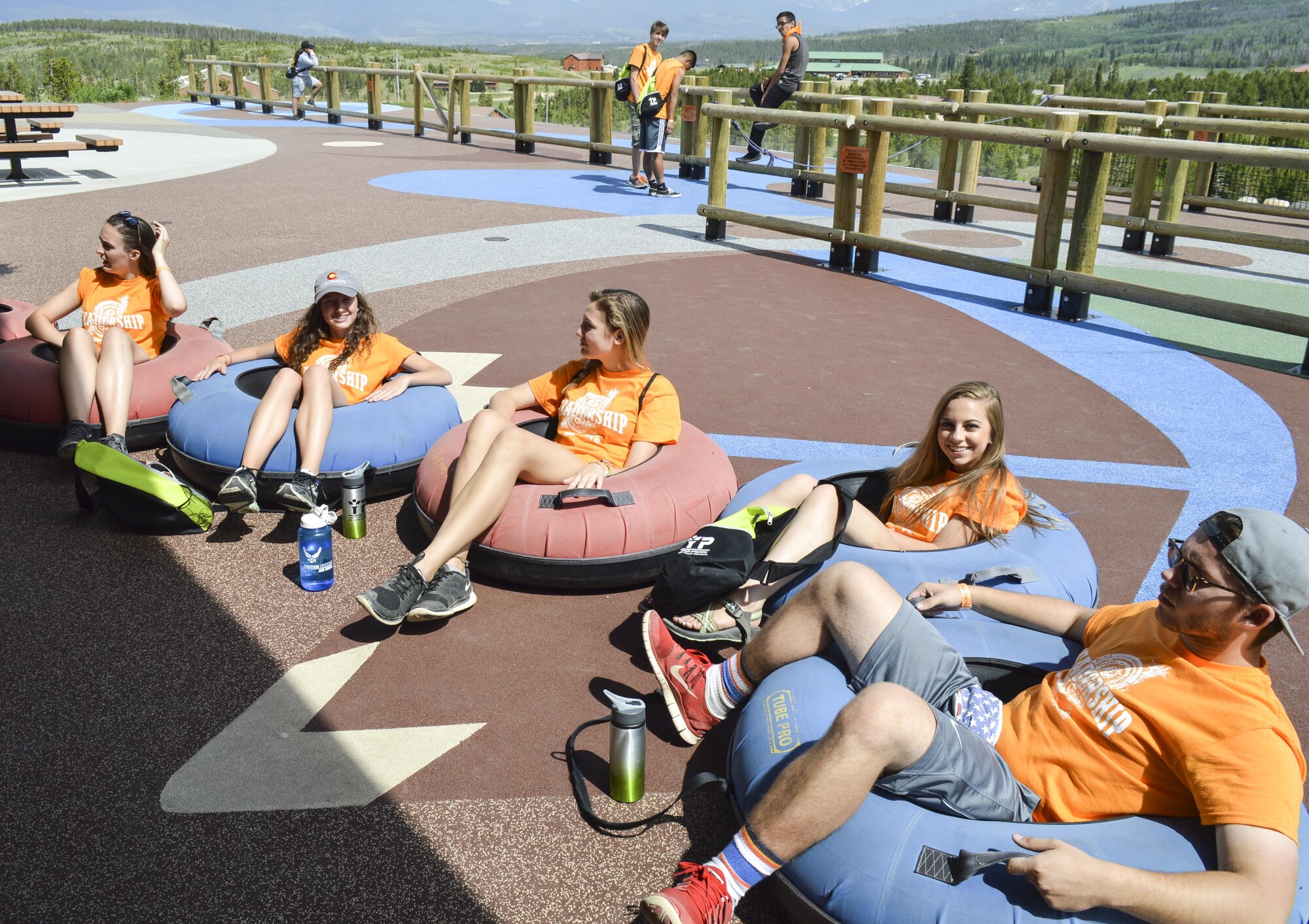 Members of the Youth Leadership Camp, sponsored by Air Force Services Agency Child and Youth Programs and hosted by Buckley Air Force Base, relax in tubes after a challenge June 27 – July 1 at the Snow Mountain Ranch in Granby, Colo. Youth from around the world came together to learn leadership techniques and build confidence for their future years of high school and beyond. (U.S. Air Force photo by Tech. Sgt. Nicholas Rau)