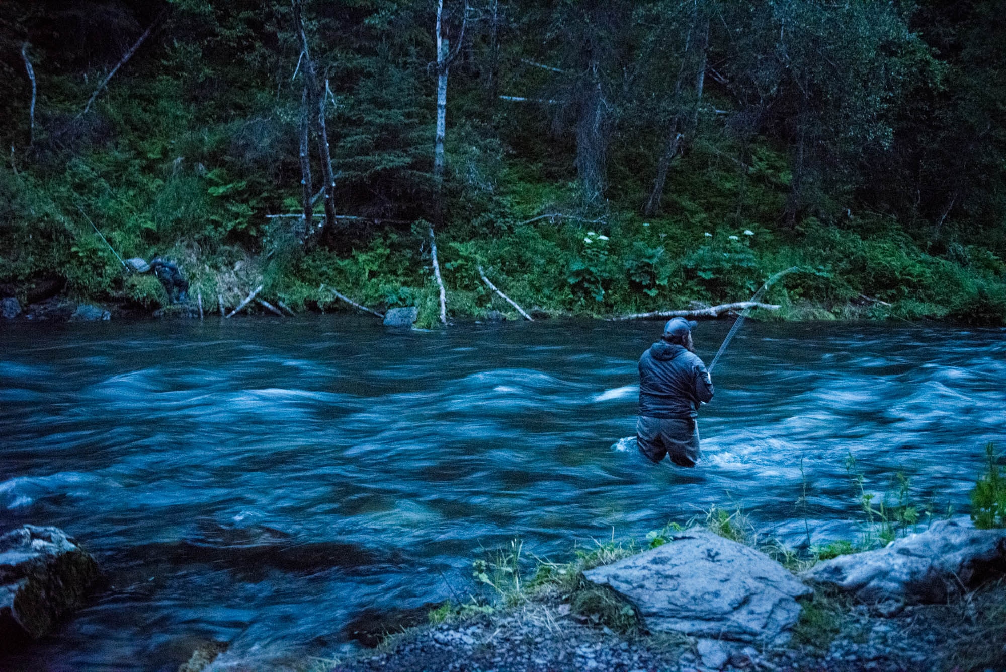 Dustin Slinker, an Army veteran of 12 years and Anchorage local fishes in the Russian River on the Kenai Peninsula, June 29. When taking advantage of local fishing spots, aspiring fishermen should always be aware of the tide schedule; to find out when high and low tides are due each day, pick up a tide table from a local store. For more information on fishing opportunities in the Anchorage area, contact Outdoor Recreation at 552-2023. (U.S. Air Force photo by Senior Airman Kyle Johnson)