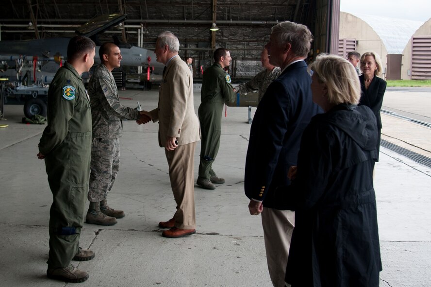 U.S. congressmen speak with 51st Fighter Wing Airmen during a base visit at Osan Air Base, Republic of Korea, June 30, 2016. The congressmen visited Osan to meet with Airmen to better understand the mission of the base. In addition to seeing Osan’s aircraft, the congressmen had lunch with Airmen from their respective states. Reps. Morgan Griffith, Pete Olson, Greg Walden, John Shimkus, Edward Whitfield and Fred Upton were in attendance. (U.S. Air Force photo by Staff Sgt. Jonathan Steffen/Released)