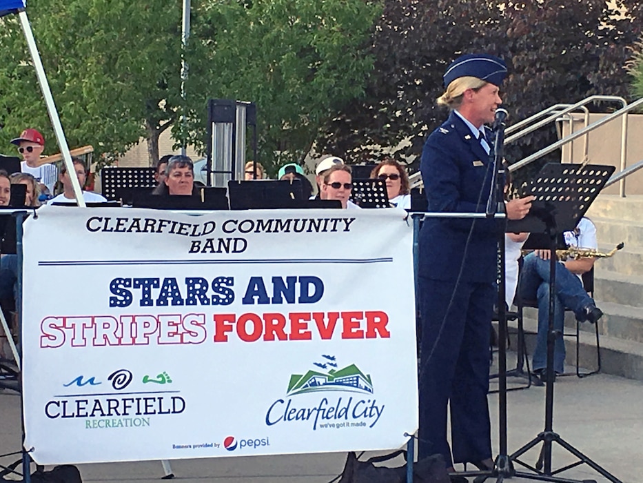 Col. Christine Burckle, Utah Air National Guard Joint Force Headquarters Director of Staff, served as keynote speaker during the City of Clearfield’s Stars and Stripes Forever patriotic event, July 3, 2016. Burckle addressed an audience of more than 150 community members and local leaders on the significance of Independence Day and the Utah National Guard’s contribution to ongoing state and federal missions. (U.S. Air National Guard photo by Maj. Jennifer Eaton/Released)