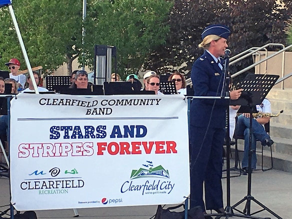 Col. Christine Burckle, Utah Air National Guard Joint Force Headquarters Director of Staff, served as keynote speaker during the City of Clearfield’s Stars and Stripes Forever patriotic event, July 3, 2016. Burckle addressed an audience of more than 150 community members and local leaders on the significance of Independence Day and the Utah National Guard’s contribution to ongoing state and federal missions. (U.S. Air National Guard photo by Maj. Jennifer Eaton/Released)