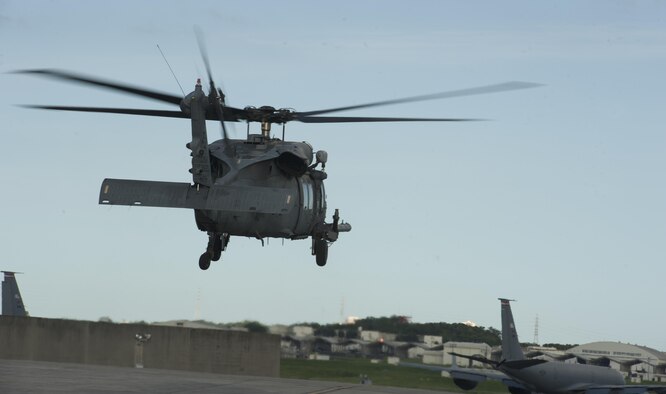 An HH-60G Pave Hawk assigned to the 33rd Helicopter Maintenance Unit takes off June 20, 2016, at Kadena Air Base, Japan. The 33rd HMU trained in preparation for Exercise Pacific Thunder, an exercise in the Indo-Asia Pacific theater which tests readiness for search and rescue operations. (U.S. Air Force photo by Airman 1st Class Lynette M. Rolen)