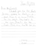 A third grader in Oklahoma gave this letter to a school district nutrition director thanking her for the fresh fruits and vegetables provided during a summer school program. DLA Troop Support's Subsistence supply chain provides produce to schools in 48 states in partnership with the U.S Department of Agriculture.