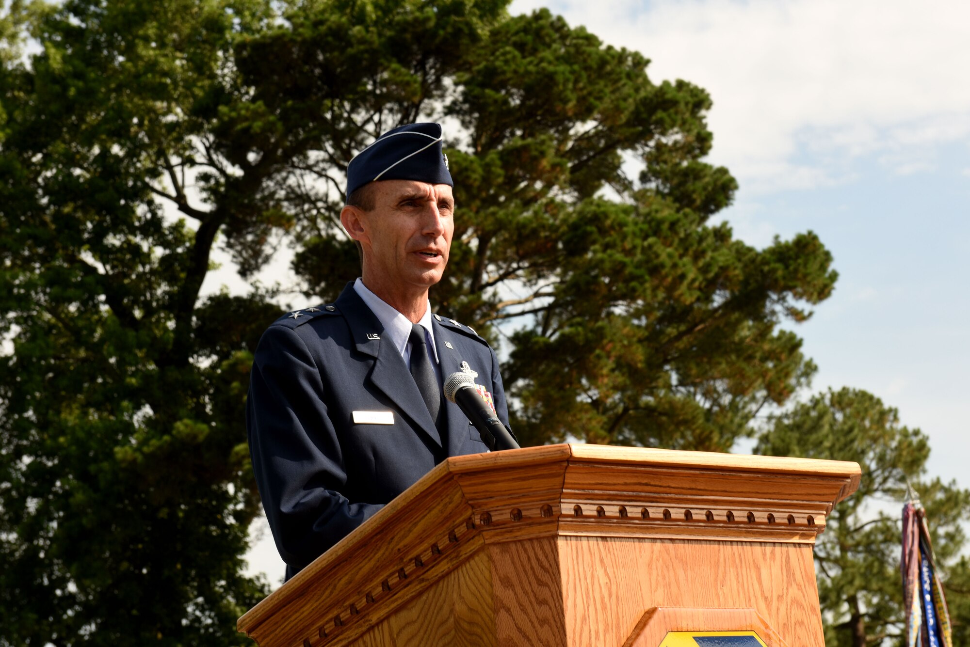 Maj. Gen. Scott Zobrist, Ninth Air Force commander, speaks during the 4th Fighter Wing change of command ceremony, June 30, 2016, at Seymour Johnson Air Force Base, North Carolina. Zobrist presided over the ceremony where Col. Mark Slocum relinquished command to Col. Christopher Sage. (U.S. Air Force photo/ Airman 1st Class Ashley Williamson)

