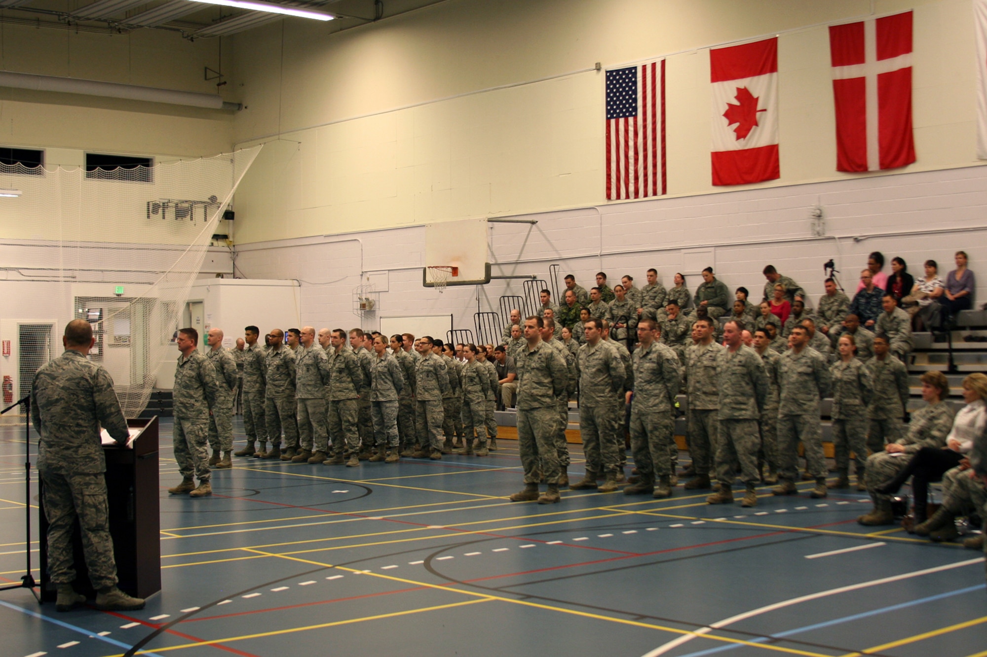 THULE AIR BASE, Greenland – Col. Doug Schiess, 21st Space Wing commander, officiates the 821st Air Base Group change of command ceremony at Thule Air Base, Greenland on June 28, 2016. Col. Christopher Eagan assumed command of the 821st ABG and Thule Air Base. (U.S. Air Force photo by Master Sgt. Stoney Bair)