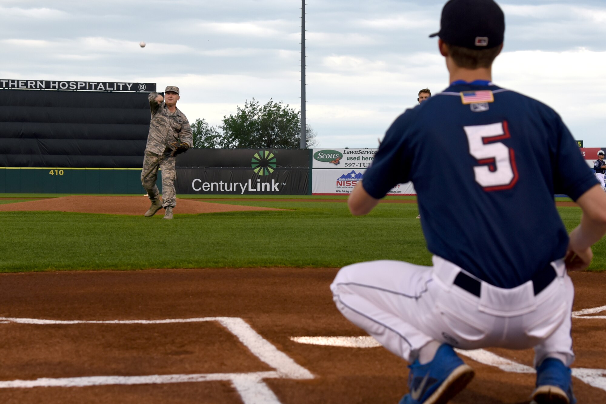 Col. Doug Schiess, 21st Space Wing commander, throws out the first pitch at the Sky Sox Military Appreciation game at Security Service Field in Colorado Springs, Colo., June 30, 2016. The Sky Sox won the game with the score of seven to three. (U.S. Air Force photo by Airman 1st Class Dennis Hoffman)