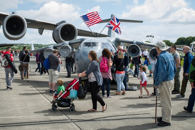 Attendees of the Yeovilton, England crowd around the 315th Airift Wing's mini C-17 July 2. This was the mini C-17's first trip across the pond and was a huge hit at Yeovilton Air Day 2016.
This is the 315th AWs second time visiting Royal Naval Air Station Yeovilton, England, and the mighty presence of the mini C-17 helped seal the deal for another “Best Static Display” award. The miniature C-17 has been used all across the United States to promote the Air Force Reserve and bolster recruiting efforts at air shows, parades and other community events. 
 (U.S. Air Force photo by Master Sgt. Shane Ellis)