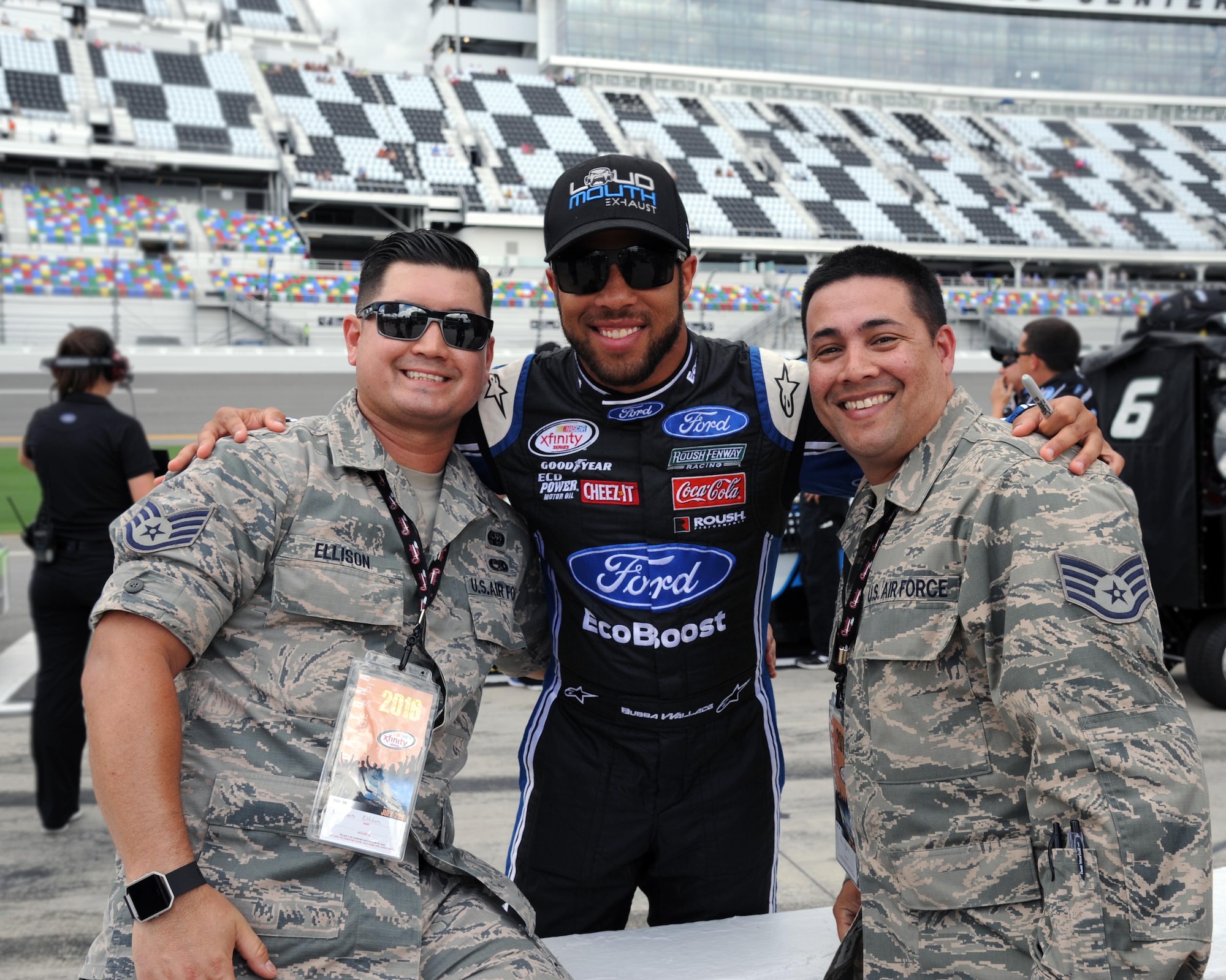 Airmen assigned to the 927th Air Refueling Wing, MacDill Air Force Base, Fla., were invited to participate in the honorary pit crew experience at the Coke Zero 400 NASCAR race at the Daytona International Speedway, Friday, July 1, 2016. Each Airmen and their guest were offered a chance to turn a wrench on a racecar and watch the team as they changed the tires and prepared the cars for the race. (U.S. Air Force photo by Staff Sgt. Adam C. Borgman)

