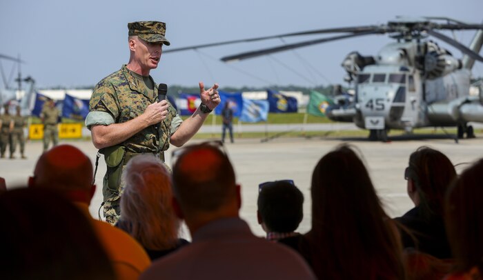 Col. Russell C. Burton, commanding officer, Marine Corps Air Station New River, speaks on the coming challenges and goals that await him June 23, 2016. “I look forward to working with you all in the future,” said Burton to his Marines and staff. (U.S. Marine Corps photo by Lance Cpl. Tavairus Hernandez /released)