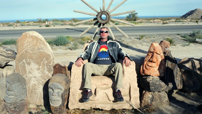 Matt Montgomery pauses at an artist’s shop outside San Felipe, Mexico. Montgomery and friends stage an annual motorcycle ride down Mexico’s Baja California Peninsula to the Sea of Cortez.