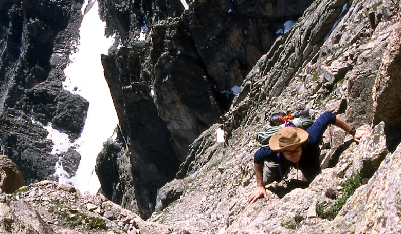 Seeking a view of Colorado from up high, Matt Montgomery is seen here climbing Longs Peak, elevation 14, 259 feet. Longs Peak is located in Rocky Mountain National Park, outside Estes Park, Colorado.