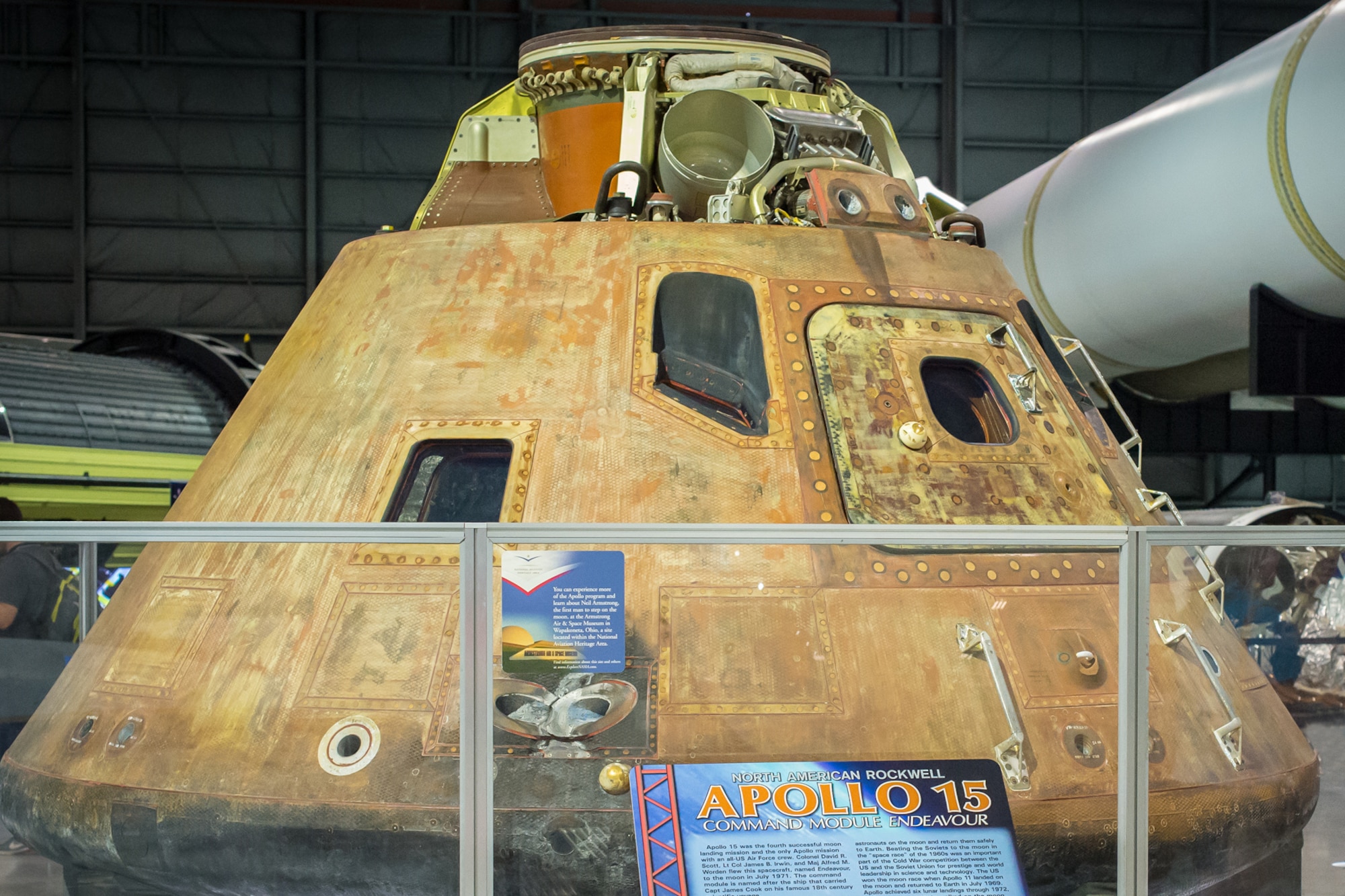 DAYTON, Ohio -- Apollo 15 Command Module on display in the Space Gallery at the National Museum of the United States Air Force. (U.S. Air Force photo)
