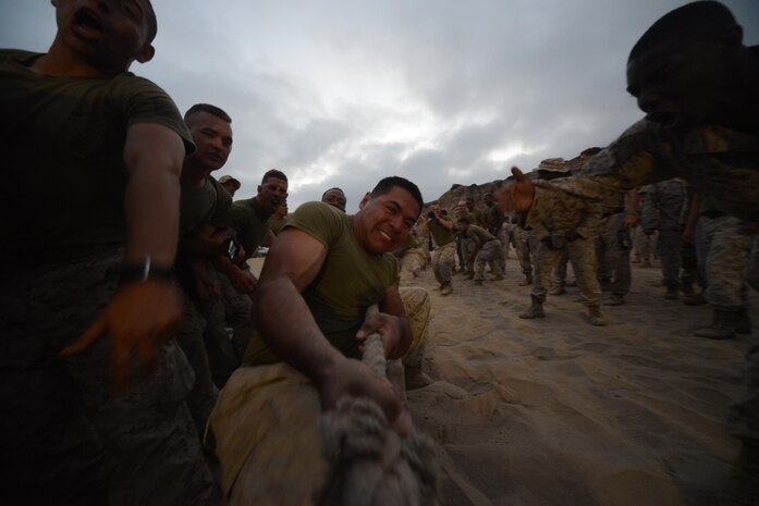 Marines with 1st Light Armored Reconnaissance Battalion cheer and motivate the Marines participating in a tug-of-war challenge during the battalion’s annual Highlander Night aboard Marine Corps Base Camp Pendleton, Calif., June 30, 2016.  The competitions tighten the bonds of brotherhood and build esprit corps as units work together in head to head competitions. (U.S. Marine Corps photo by Lance Cpl. Timothy Valero/ Released)