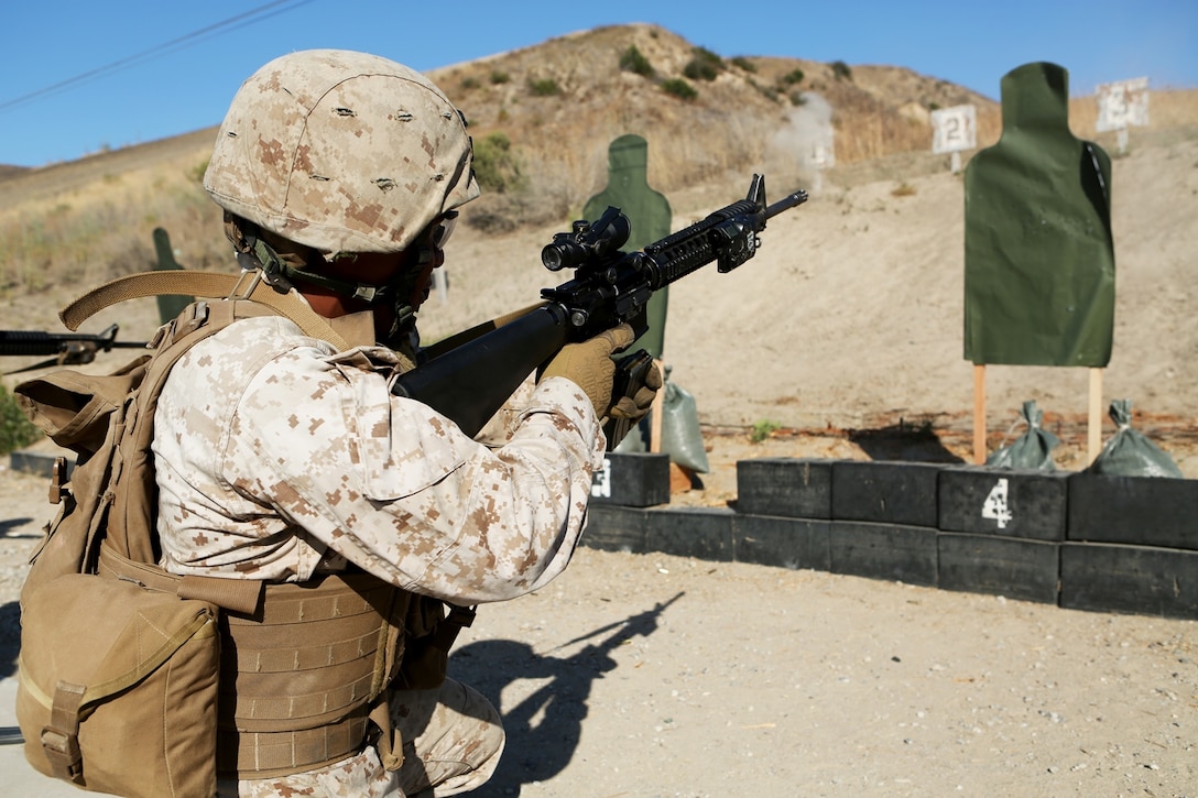 U.S. Marine Cpl. Antonio Victorio conducts a speed reload drill for the table three course of fire during the Combat Leader’s Course aboard Camp Pendleton Calif., from June 13-24, 2016. Victorio is a combat engineer with Headquarters and Support Company, Combat Logistics Battalion 1, 1st Marine Logistics Group. Combat Leader’s Course is an advanced combat skills course instructed by the Combat Skills Training School, designed to teach Marines tactical leadership principles, machine gun functions, combat orders and various other skills. (U.S. Marine Corps photo by Sgt. Carson Gramley/released)