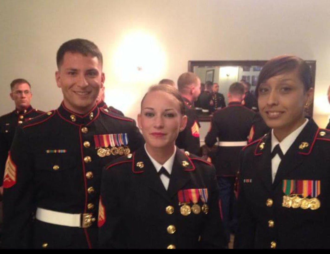 New Cumberland, Pennsylvania — U.S. Marine Corps Sgt. Hortencia H. Magana (right) poses for a photo with fellow Marines during a mess night while at Sergeant’s Course Wednesday, Oct. 14, 2015, at Camp Lejeune, N.C.. From right to left is Sgt. Magana, an administrative specialist currently serving at Recruiting Station Harrisburg, Penn., Sgt. Samuel C. Hickey, and Sgt. Nicole M. Peifer. (Courtesy photo provided by Sgt. Hortencia H. Magana/Released)
