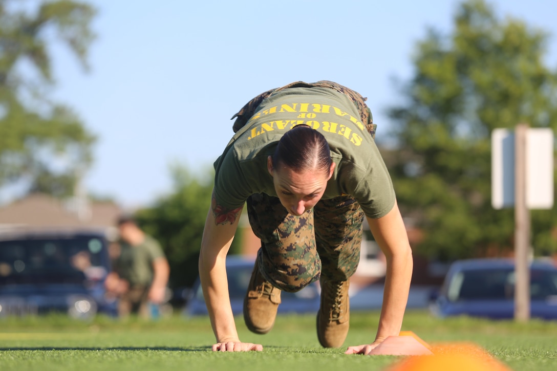 Sgt. Alexandria Carvalho, deputy family readiness officer with Marine Corps Base Camp Lejeune, jumps to her feet at the beginning of a sprint drill during the 2016 Tactical Athlete of the Year competition at the High Intensity Tactical Training center on Camp Lejeune, June 13. The competition is being held yearly to find the fittest tactical athletes in the Marine Corps. Winners from Marine Corps Installations – East will go on to compete at Marine Corps Air Station Miramar to earn the title of Tactical Athlete of the Year.