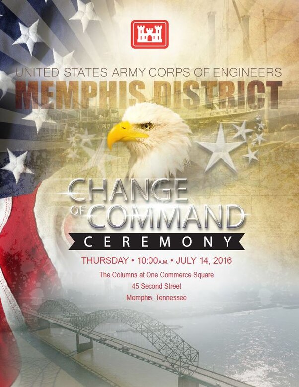 The Memphis District, U.S. Army Corps of Engineers, will hold a Change of Command ceremony July 14 at 10 a.m. at the Columns at One Commerce Square, 45 Second Street, Memphis. The public is invited to attend.

At the ceremony, Col. Jeffery A. Anderson will transfer command of the Corps’ Memphis District to Col. Michael A. Ellicott Jr.
