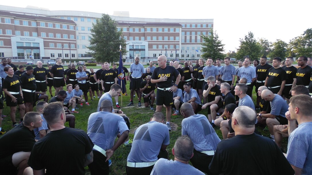 LTG Charles D. Luckey, the 33rd Chief of Army Reserve and 8th Commanding General U.S. Army Reserve Command, speaks to the soldiers and civilians assigned to USARC headquarters located on Fort Bragg, N.C., on July 6, 2016. Luckey was sworn in June 30, 2016 as the senior leader for nearly 200,000 Army Reserve Soldiers across all 50 states and U.S. territories. Luckey led a run across Fort Bragg then concluded morning activities by addressing the troops with a motivating speech then reciting the Soldier's Creed with his soldiers. (Army Photo by Lt. Col. Kristian Sorensen / Released)