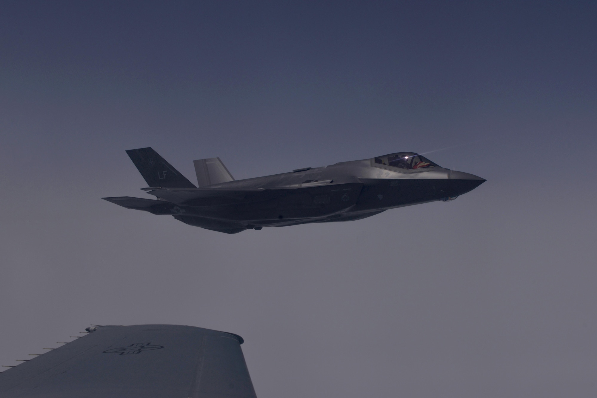 A U.S. Air Force F-35A Lightning II flies alongside a K-10 Extender over the Atlantic Ocean for the F-35A’s first transatlantic flight June 30, 2016.The Extender, which is based out of Travis Air Force Base, Calif., refueled the Lightning on its way to England for the Royal International Air Tattoo. (U.S. Air Force photo by Staff Sgt. Natasha Stannard)