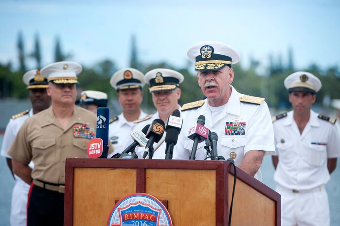 PEARL HARBOR (July 5, 2016) - Adm. Scott Swift, commander of U.S. Pacific Fleet, talks about the significance of exercise Rim of the Pacific (RIMPAC) 2016 during a press conference at Joint Base Pearl Harbor-Hickam. Twenty-six nations, more than 40 ships and submarines, more than 200 aircraft and 25,000 personnel are participating in RIMPAC from June 30 to Aug. 4, in and around the Hawaiian Islands and Southern California. The world's largest international maritime exercise, RIMPAC provides a unique training opportunity that helps participants foster and sustain the cooperative relationship that are critical to ensuring the safety of sea lanes and security on the world's oceans. RIMPAC 2016 is the 25th exercise in the series that began in 1971. 