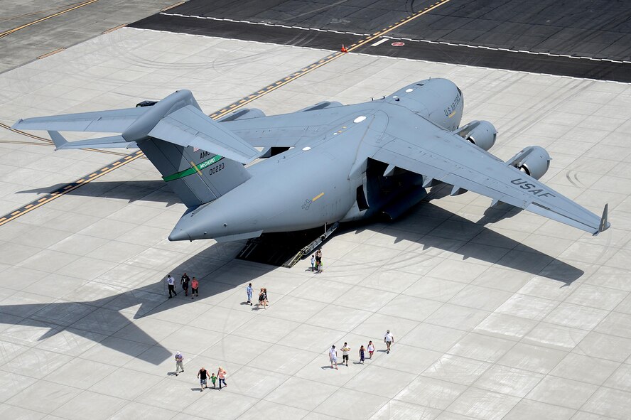 A 62nd Airlift Wing C-17 Globemater III is displayed for members of the Moses Lake community during the 50th Anniversary of the Port of Moses Lake July 1, 2016 at Grant County International Airport, Wash. The 62nd AW flew a crew out to Moses Lake earlier that day to setup a static display before the gates opened for the open house. (U.S. Air Force photo/Senior Airman Divine Cox)